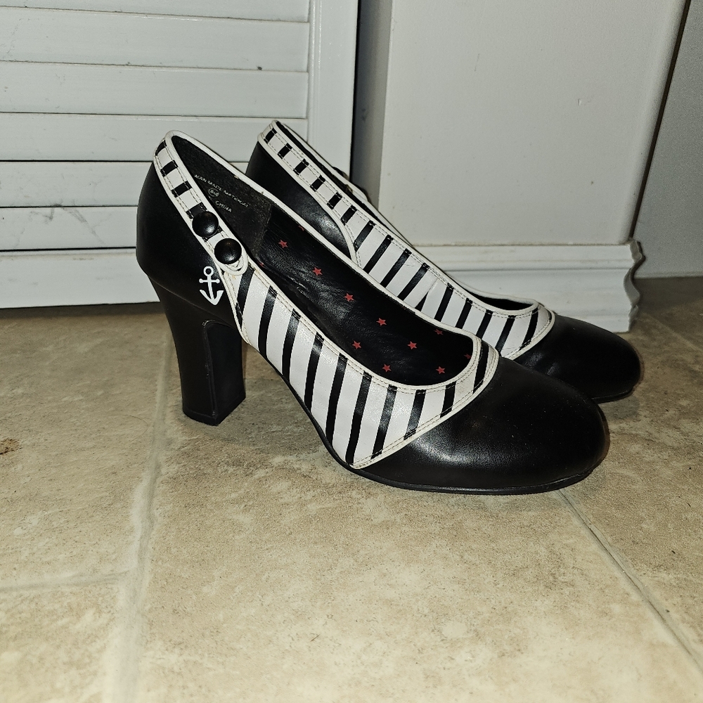 TUK Black and White Striped Heels